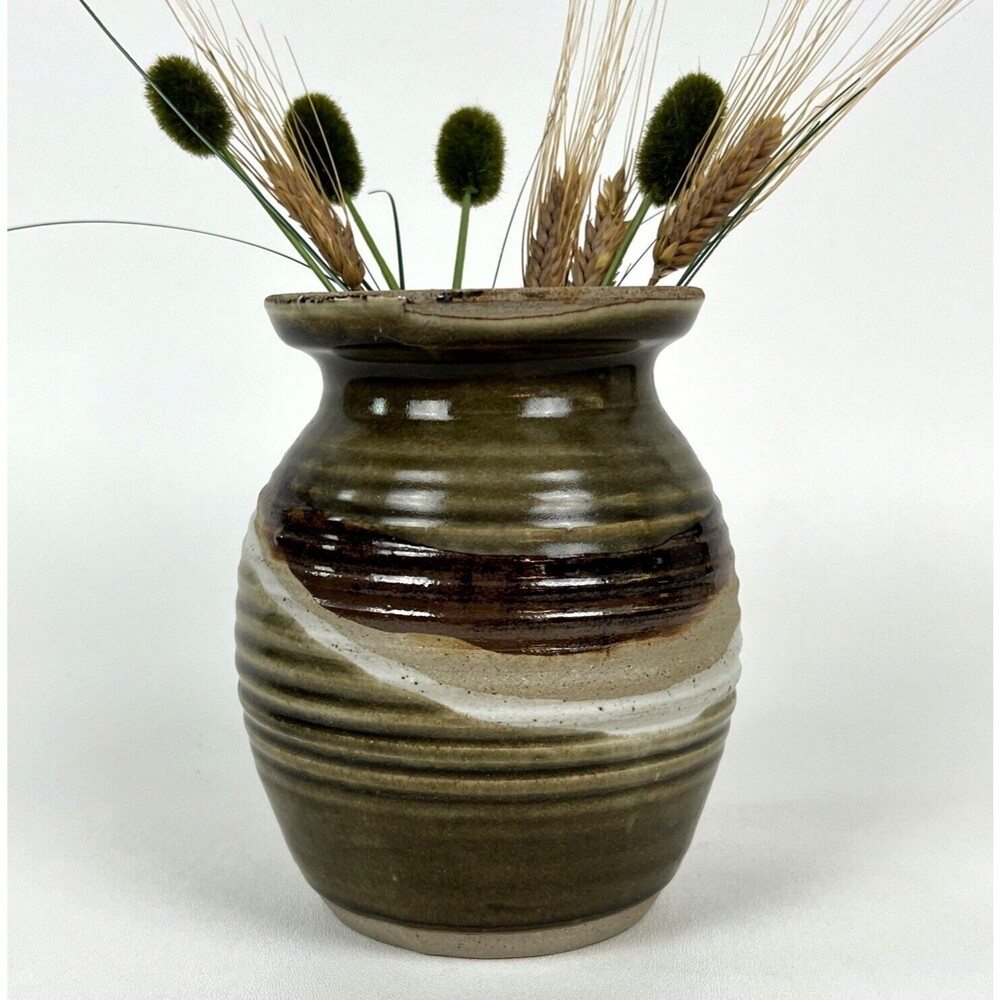 Studio Art Pottery 7" Vase Earthtone Brown Stoneware Ribbed Signed Mosier